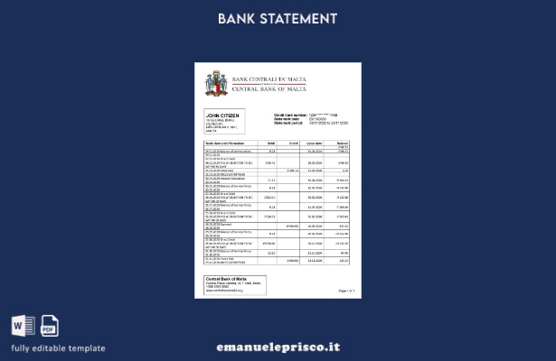 modello word di estratto conto bancario della Banca Centrale di Malta in stile v